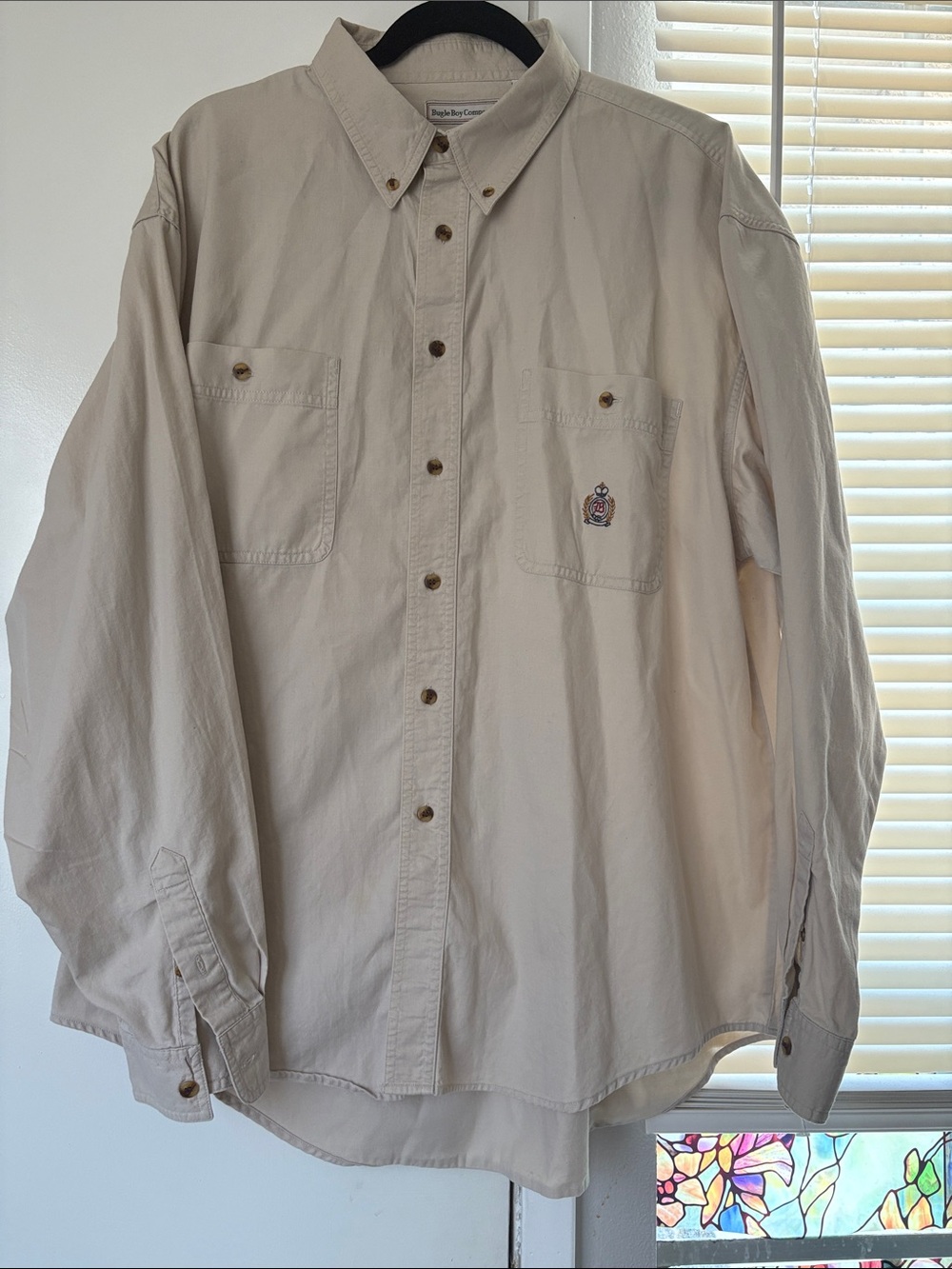 Bugle Boy Men's Light Cream Button-Down Shirt with Chest Pockets